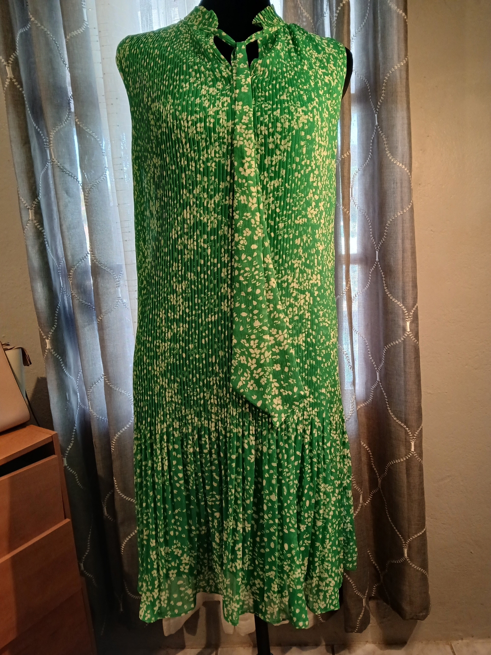 DKNY Green Floral Tie-Neck Midi Dress